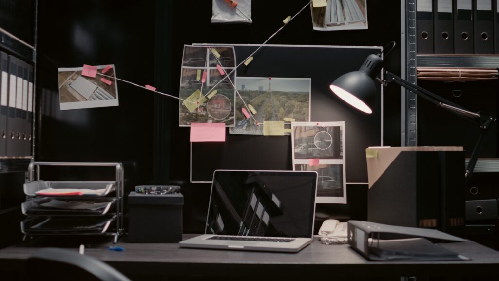 Empty evidence room equipped with detective map